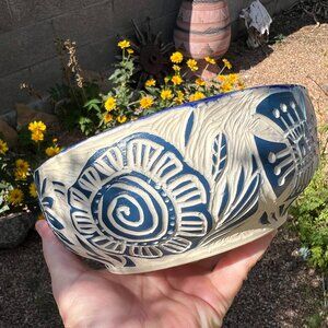 Blue and White Carved Floral Pottery Bowl Handmade
